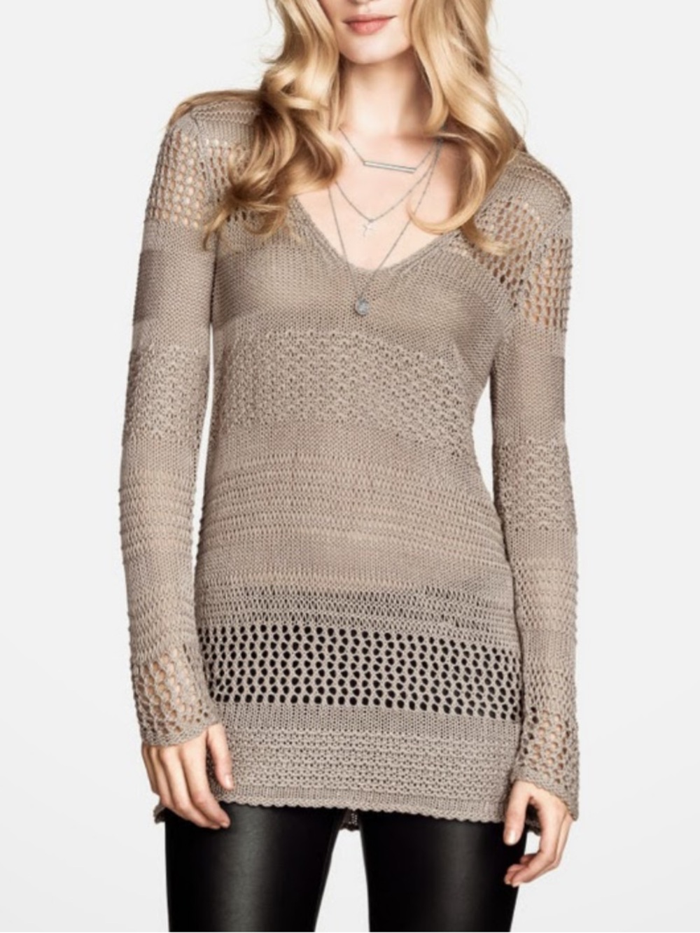 H&M Taupe Open-Knit V-Neck Sweater k